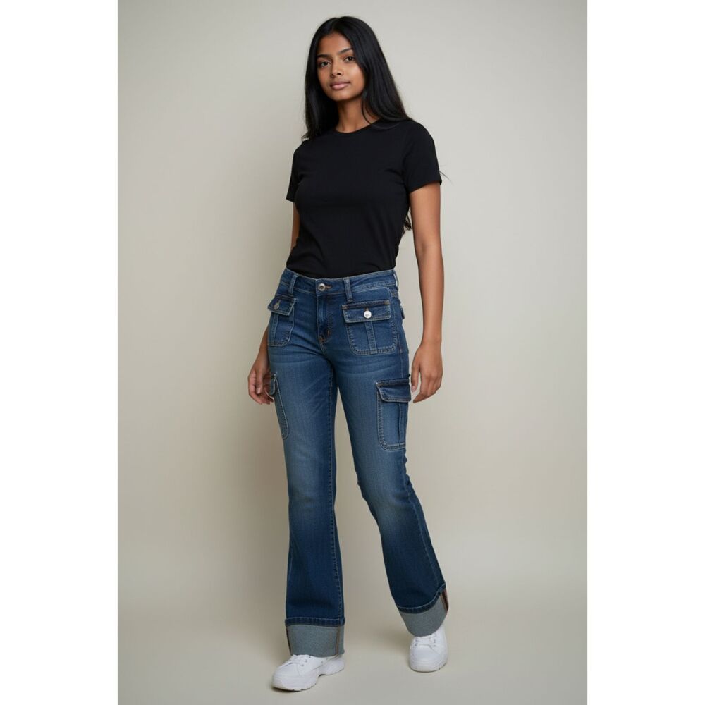ADOLFO Women's Size 10 Blue Flare Cargo Jeans Low Rise Denim Stretch Y2K Style